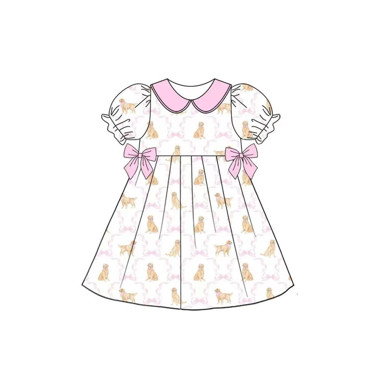 presale GSD2396 Dog Pink Bows Print Girls Summer Knee Length Dress D 3.29