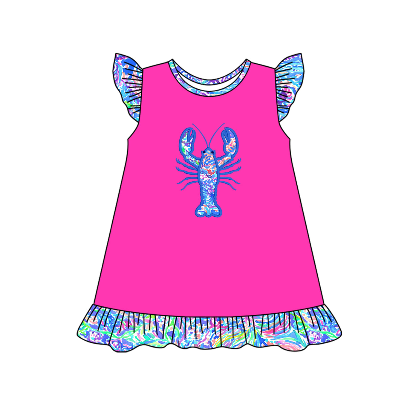 GSD2398 Embroidery Baby Girls Flutter Sleeves Floral Crayfish Knee Length Dress D 7.4