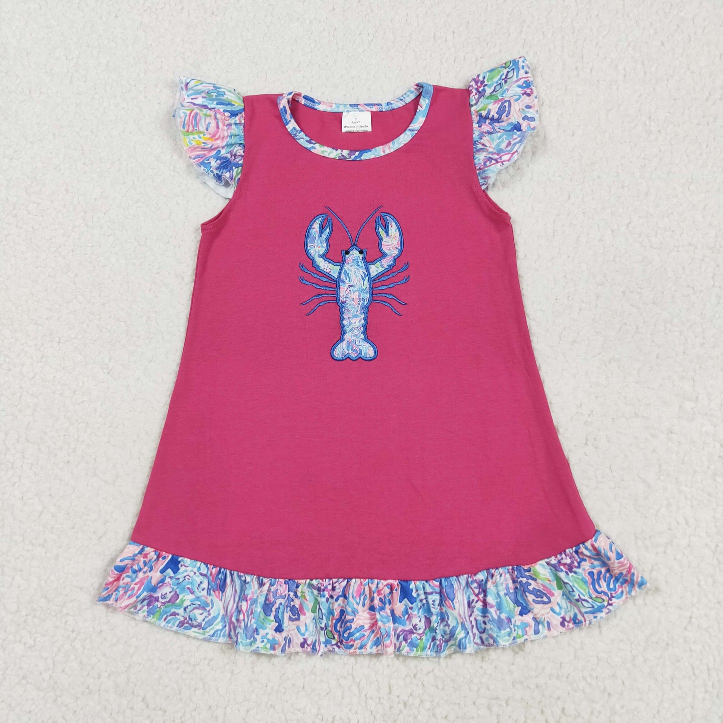 GSD2398 Embroidery Baby Girls Flutter Sleeves Floral Crayfish Knee Length Dress D 7.4