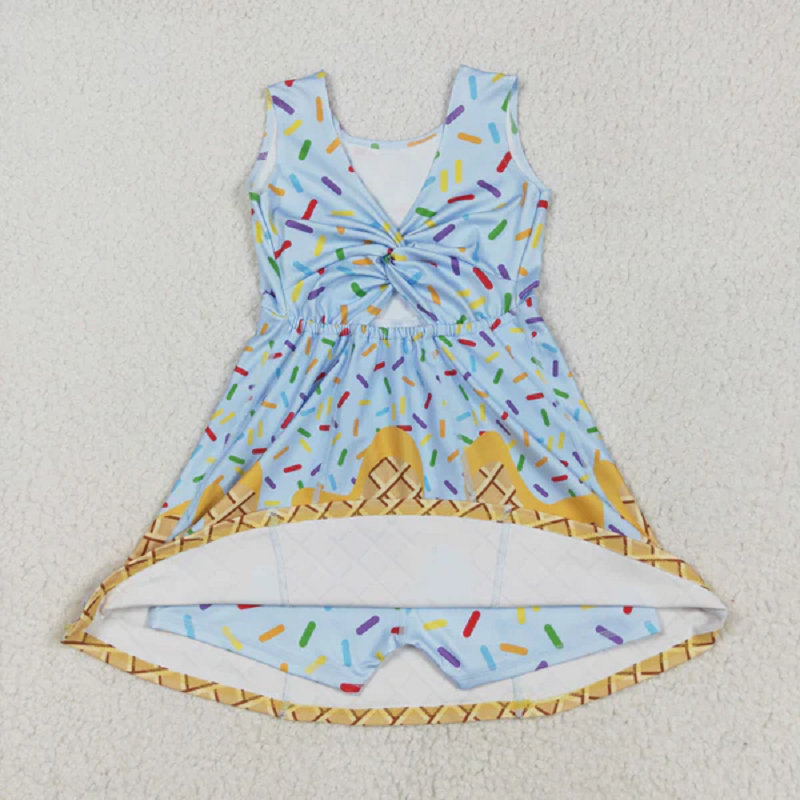 GSD2415 Baby Girls Blue Ice-cream Drip Yoga Skort Knee Length Dresses
