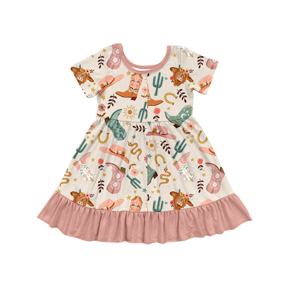 presale GSD2453 Baby Girls Peach Short Sleeves Highland Cows Boots Knee Length Dresses D 4.3