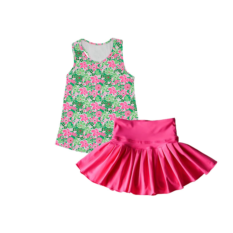 presale GSD2458 Baby Girls Sleeveless Green Pink Floral Top Skirt Yoga Set D 4.3