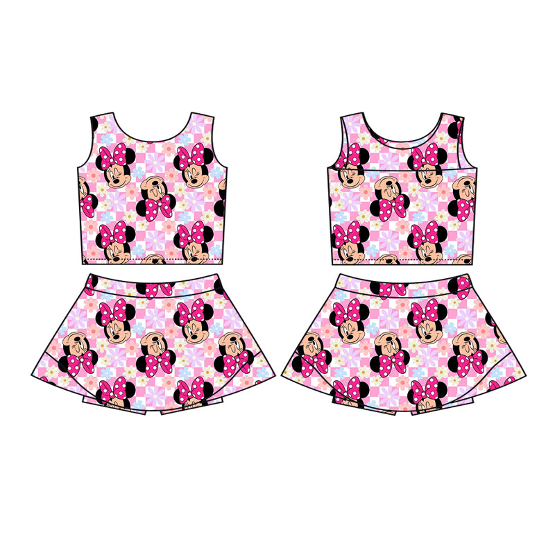 GSD2460 Baby Girls Sleeveless Pink Plaid Cartoon Mouse Top Skort Yoga Set D 4.3