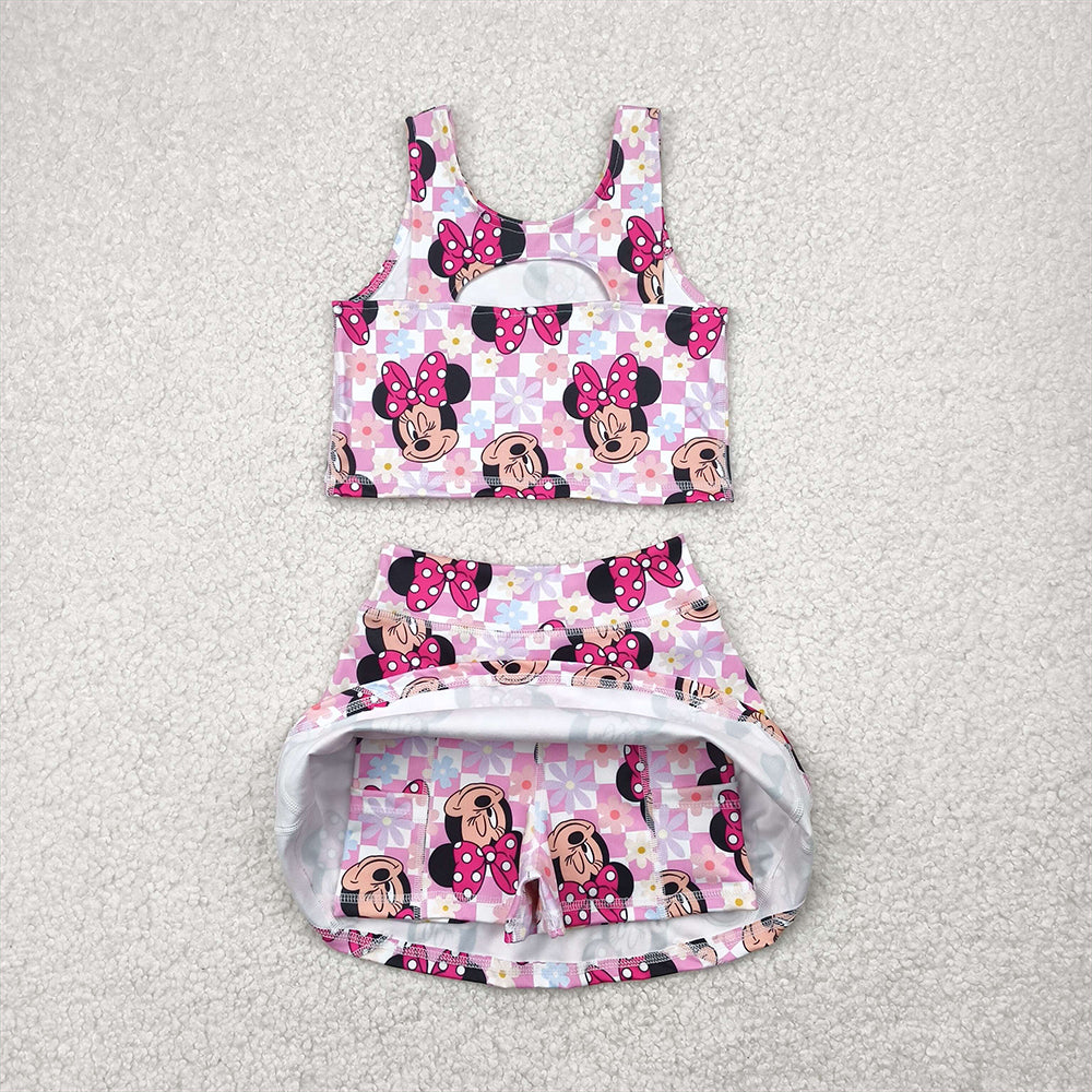 GSD2460 Baby Girls Sleeveless Pink Plaid Cartoon Mouse Top Skort Yoga Set D 4.3