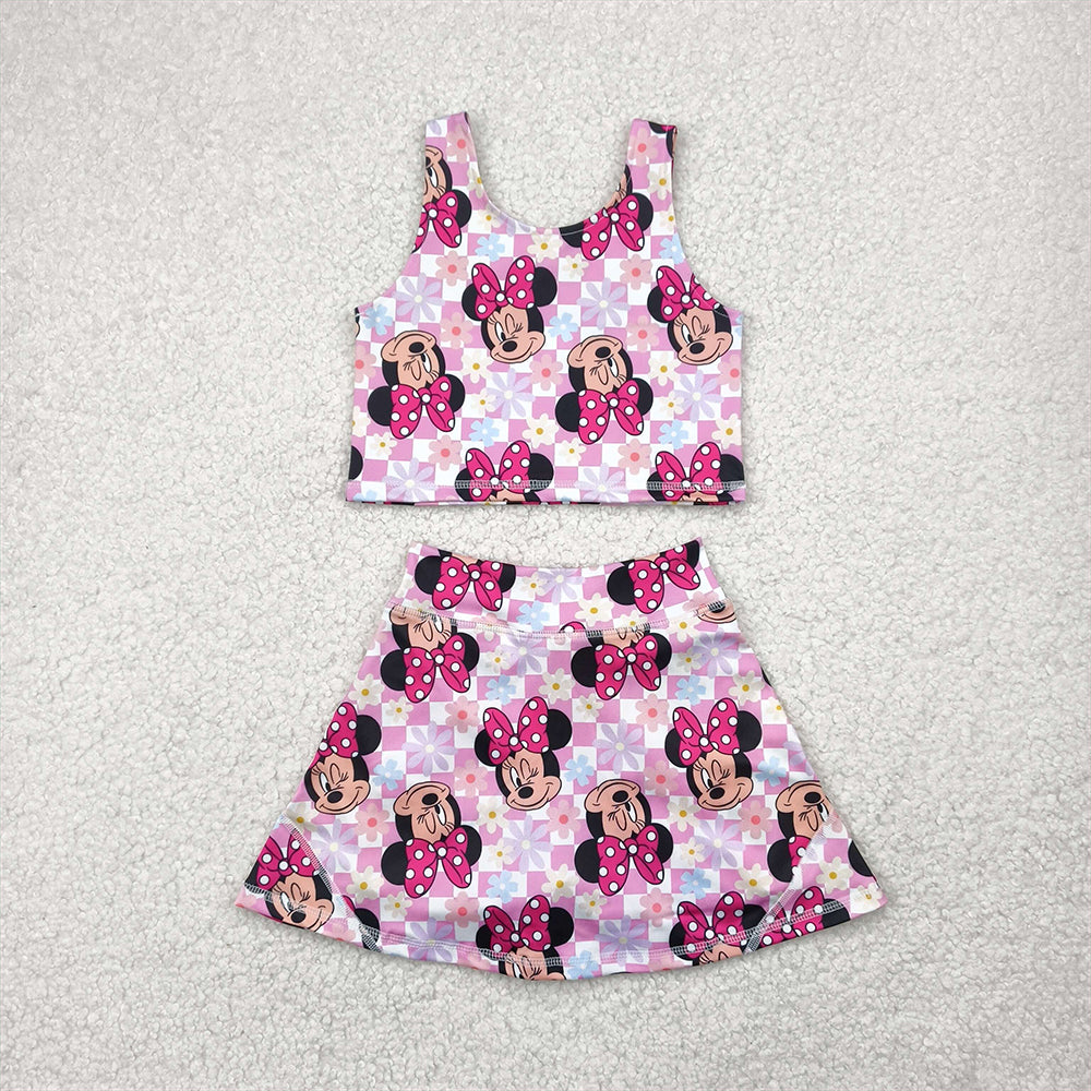 GSD2460 Baby Girls Sleeveless Pink Plaid Cartoon Mouse Top Skort Yoga Set D 4.3