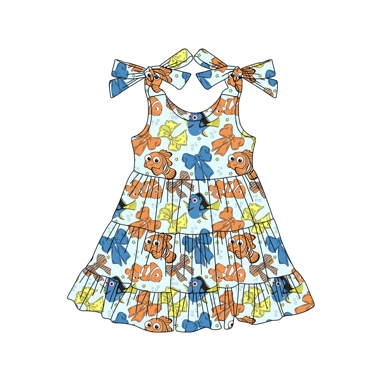 GSD2462 Baby Girls Strap Colorful Cartoon Fishes Bows Knee Length Dresses D 4.16