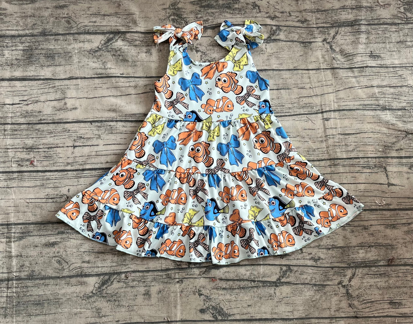 GSD2462 Baby Girls Strap Colorful Cartoon Fishes Bows Knee Length Dresses D 4.16