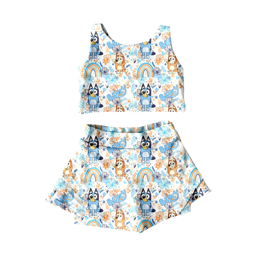 GSD2469 Baby Girls Sleeveless Cartoon Dogs Rainbows Top Skort Yoga Set D 4.4