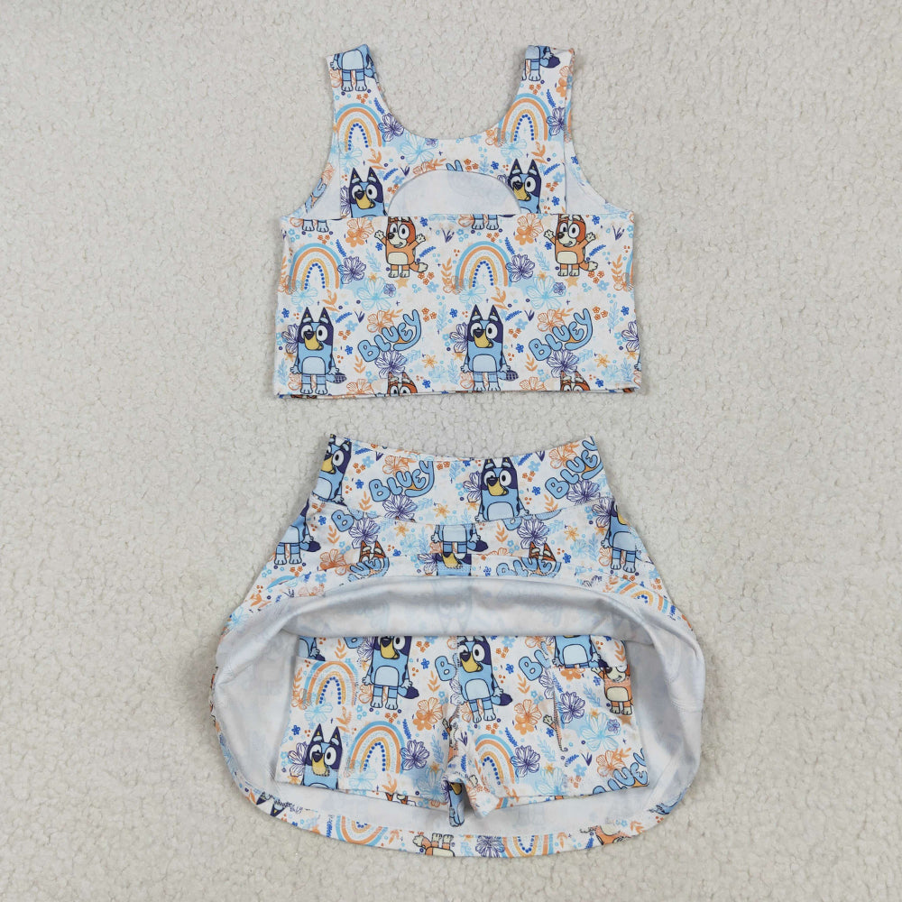 GSD2469 Baby Girls Sleeveless Cartoon Dogs Rainbows Top Skort Yoga Set D 4.4