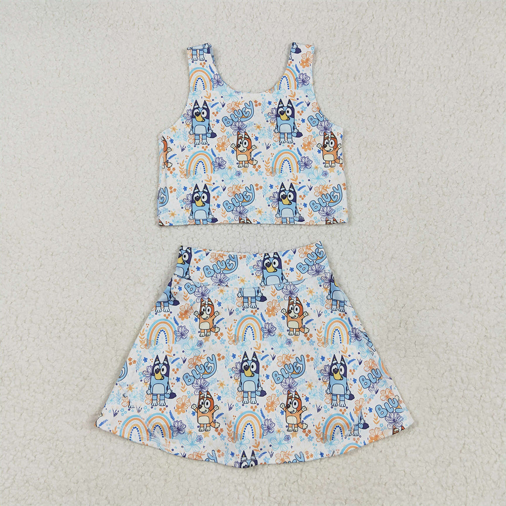 GSD2469 Baby Girls Sleeveless Cartoon Dogs Rainbows Top Skort Yoga Set D 4.4