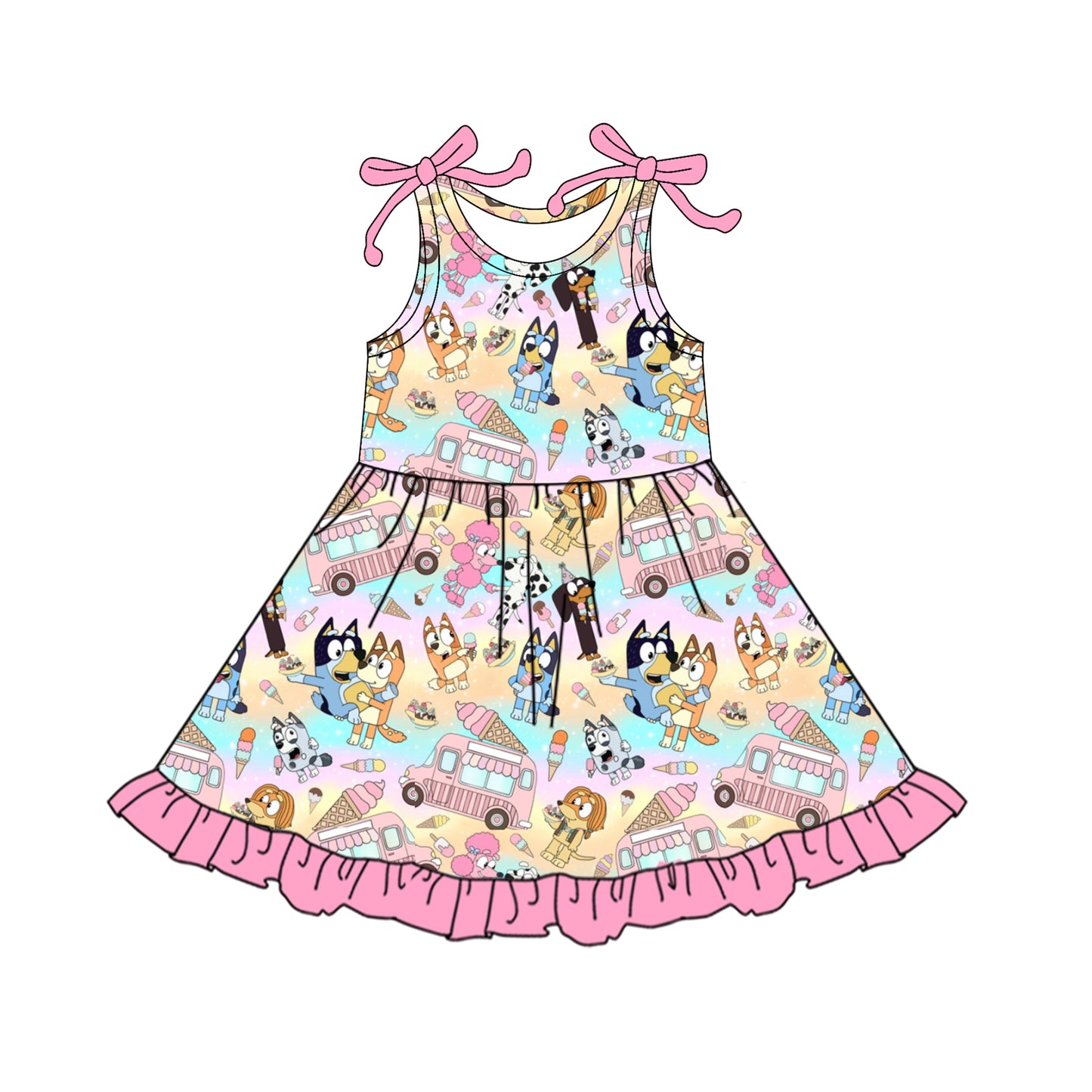 presale GSD2485 Baby Girls Pink Bows Sleeveless Cartoon Dogs Ice Cream Knee Length Dresses D 4.9
