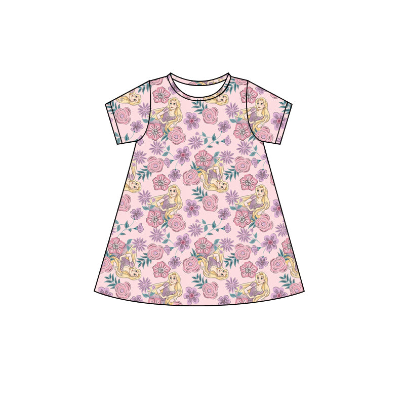 presale GSD2496 Baby Girls Pink Short Sleeves Floral Princess Knee Length Dresses D 4.9