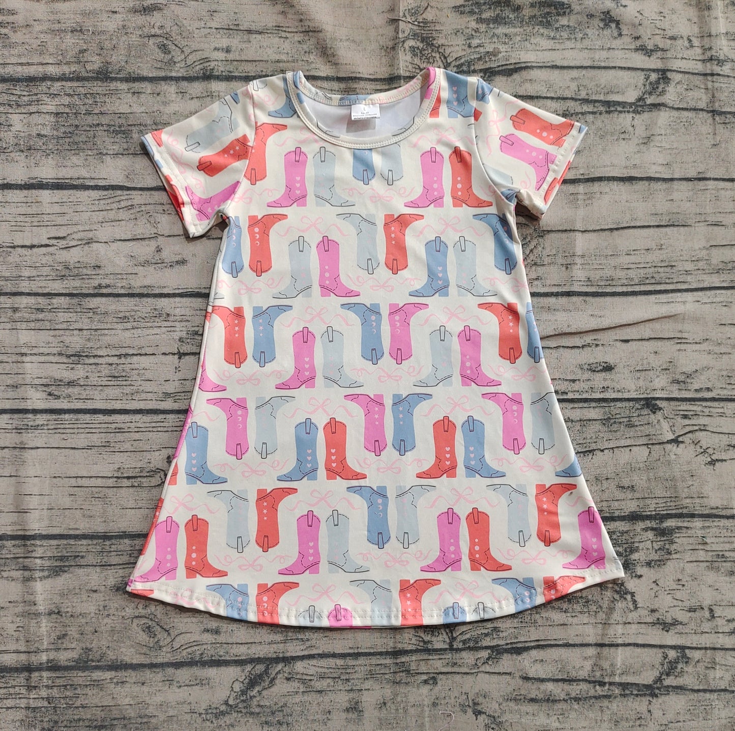 GSD2497 Baby Girls Short Sleeves Colorful Boots Knee Length Dresses D 5.22