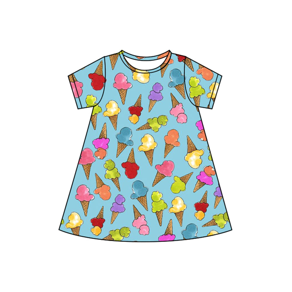 presale GSD2498 Baby Girls Blue Short Sleeves Colorful Ice Cream Knee Length Dresses D 4.9