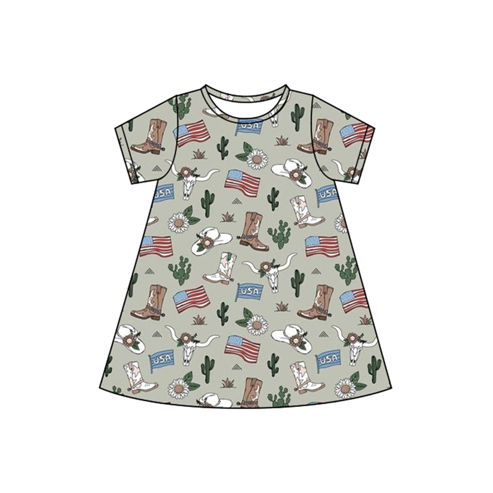 presale GSD2499 Baby Girls Gray Short Sleeves Flags Bull Skull 4th Of July Knee Length Dresses D 4.9