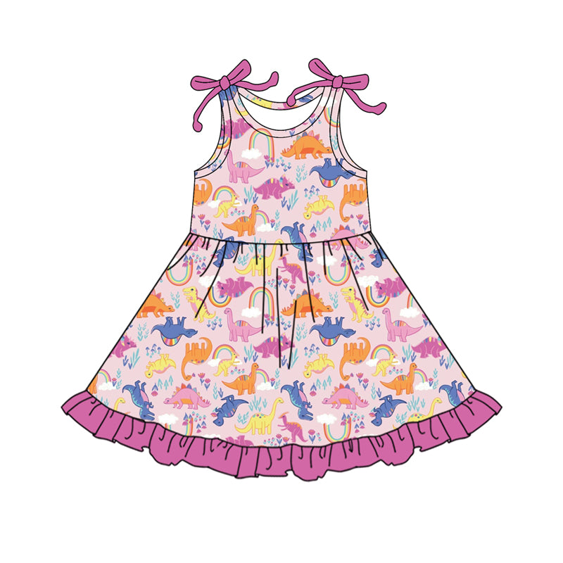 presale GSD2503 Baby Girls Pink Sleeveless Colorful Dinosaurs Knee Length Dress D 4.9