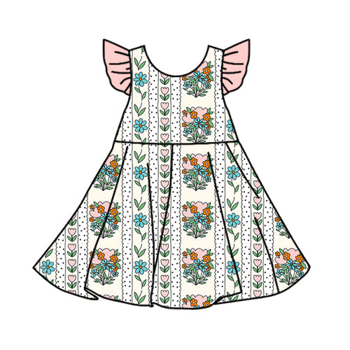 GSD2527 Beige Fly Sleeve Dress with Tulip Flowers and Polka Dot Stripes D 5.22