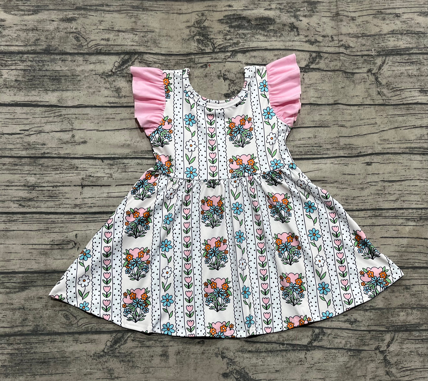 GSD2527 Beige Fly Sleeve Dress with Tulip Flowers and Polka Dot Stripes D 5.22