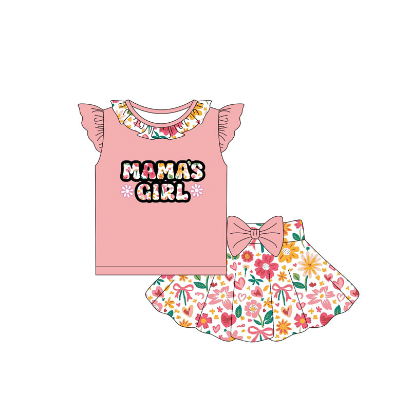 presale GSD2531 Baby Girls Peach Flutter Sleeves Mama's Girl Top Flowers Skorts Set D 4.19