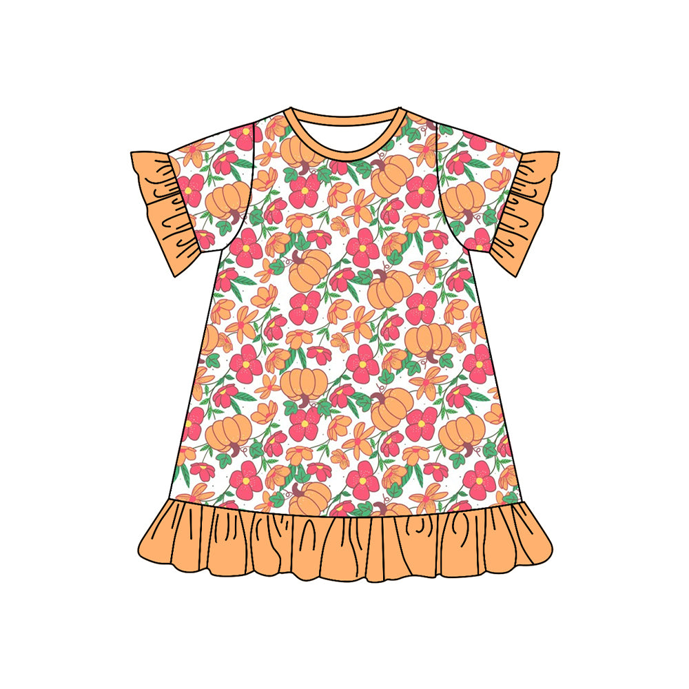 presale GSD2541 Baby Girls Short Ruffle Sleeves Flowers Pumpkins Knee Length Dress D 4.25