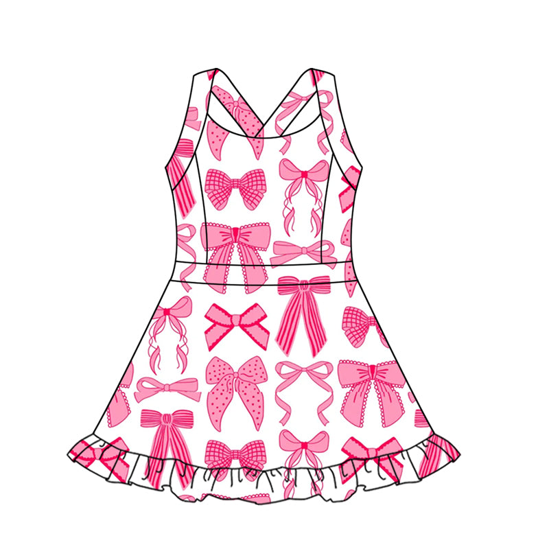 GSD2564 Baby Girls Strap Hot Pink Bows Plaid Activity Wear Yoga Knee Length Dresses D 5.8