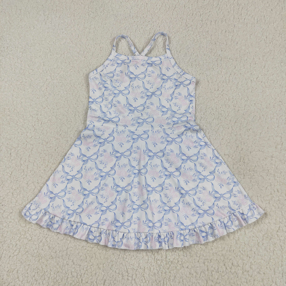 GSD2580 Baby Girls Strap Blue Bows Floral Yoga Ruffle Athletic Dresses D 5.30