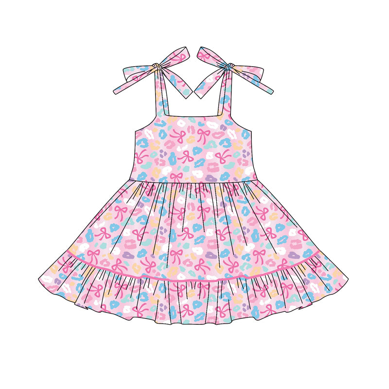 presale GSD2593 Baby Girls Pink Strap Bows Leopard Ruffle Knee Length Dresses D 5.24