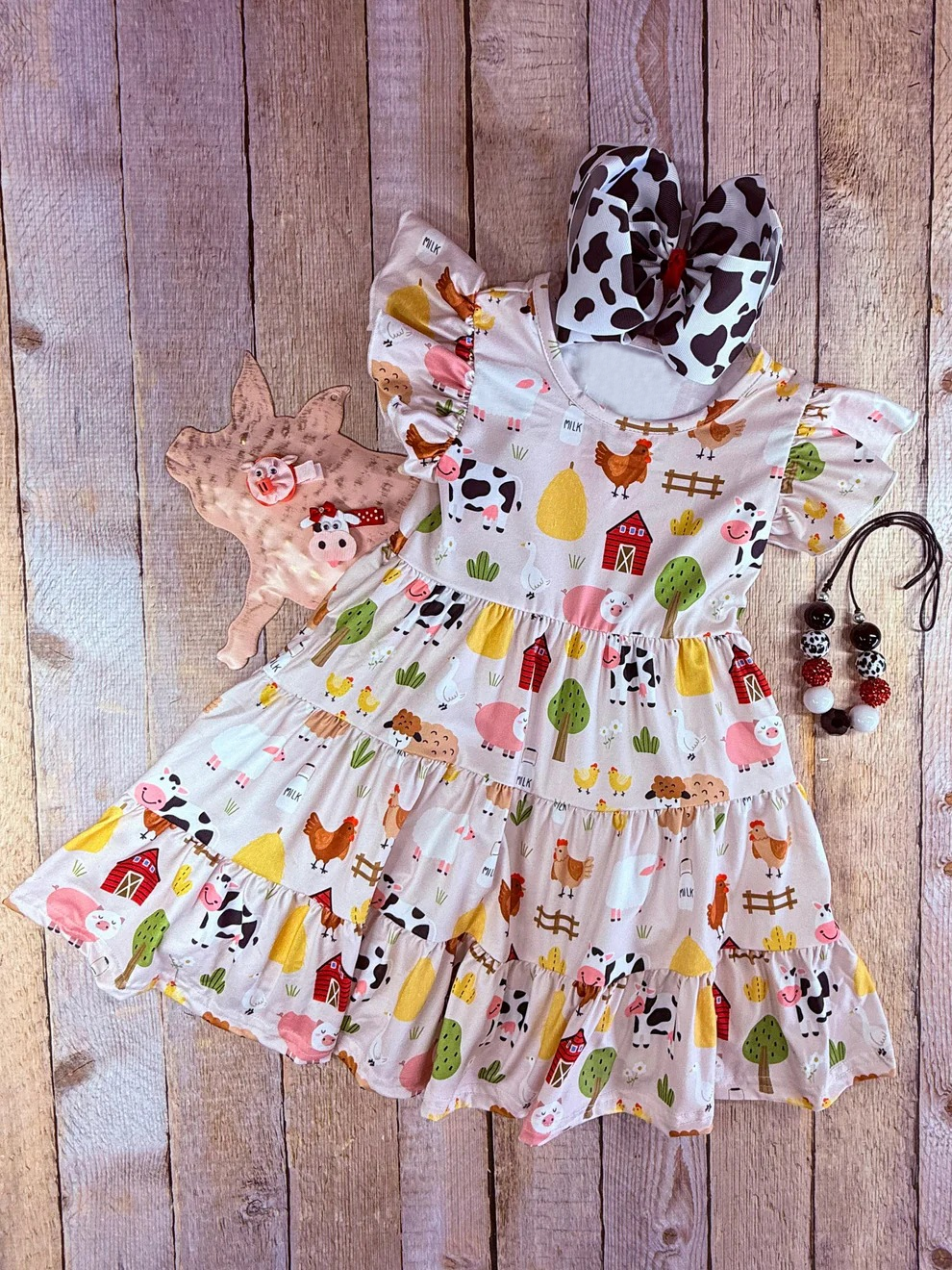 GSD2595 Baby Girls Flutter Sleeves Cows Chicks Farm Knee Length Dresses D 7.15
