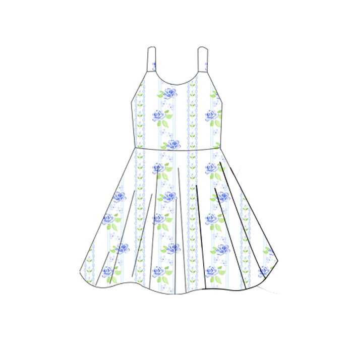presale GSD2601 Baby Girls Sleeveless Blue Flowers Stripes Knee Length Dresses D 5.27