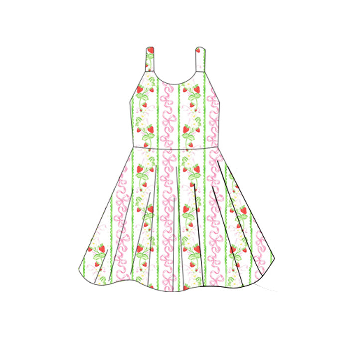 presale GSD2604 Baby Girls Sleeveless Pink Bows Strawberry Stripes Knee Length Dresses D 5.27