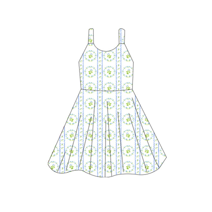 presale GSD2605 Baby Girls Sleeveless Blue Flowers Stripes Knee Length Dresses D 5.27
