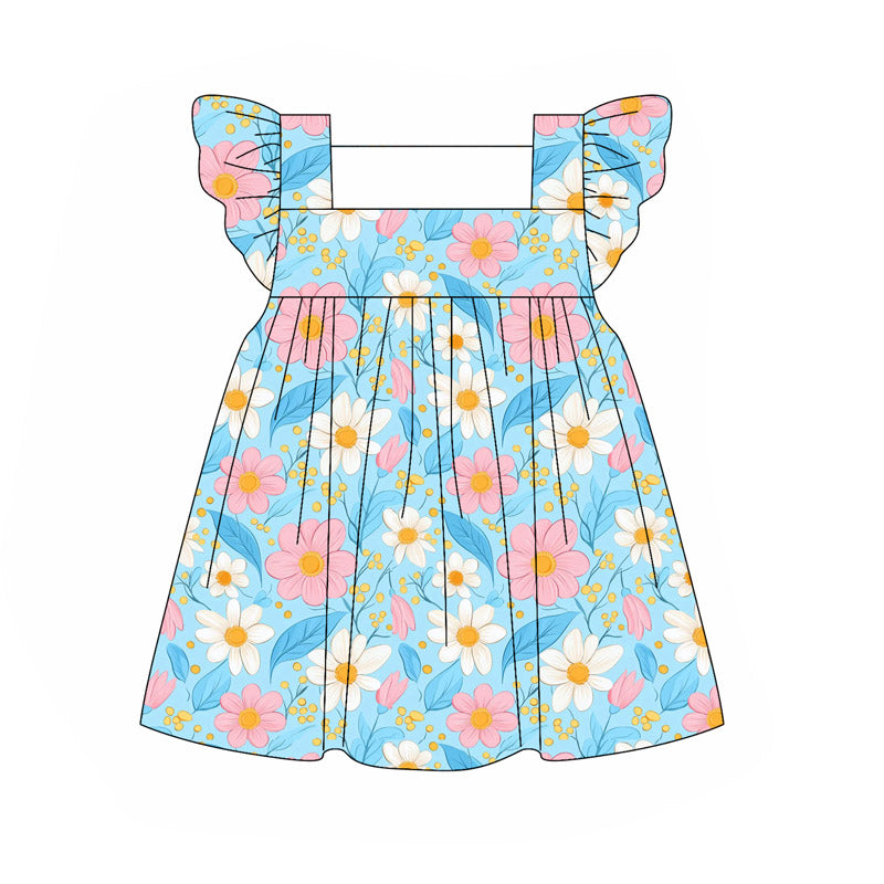 presale GSD2609 Baby Girls Blue Flutter Sleeves Daisy Flowers Knee Length Dresses D 5.27