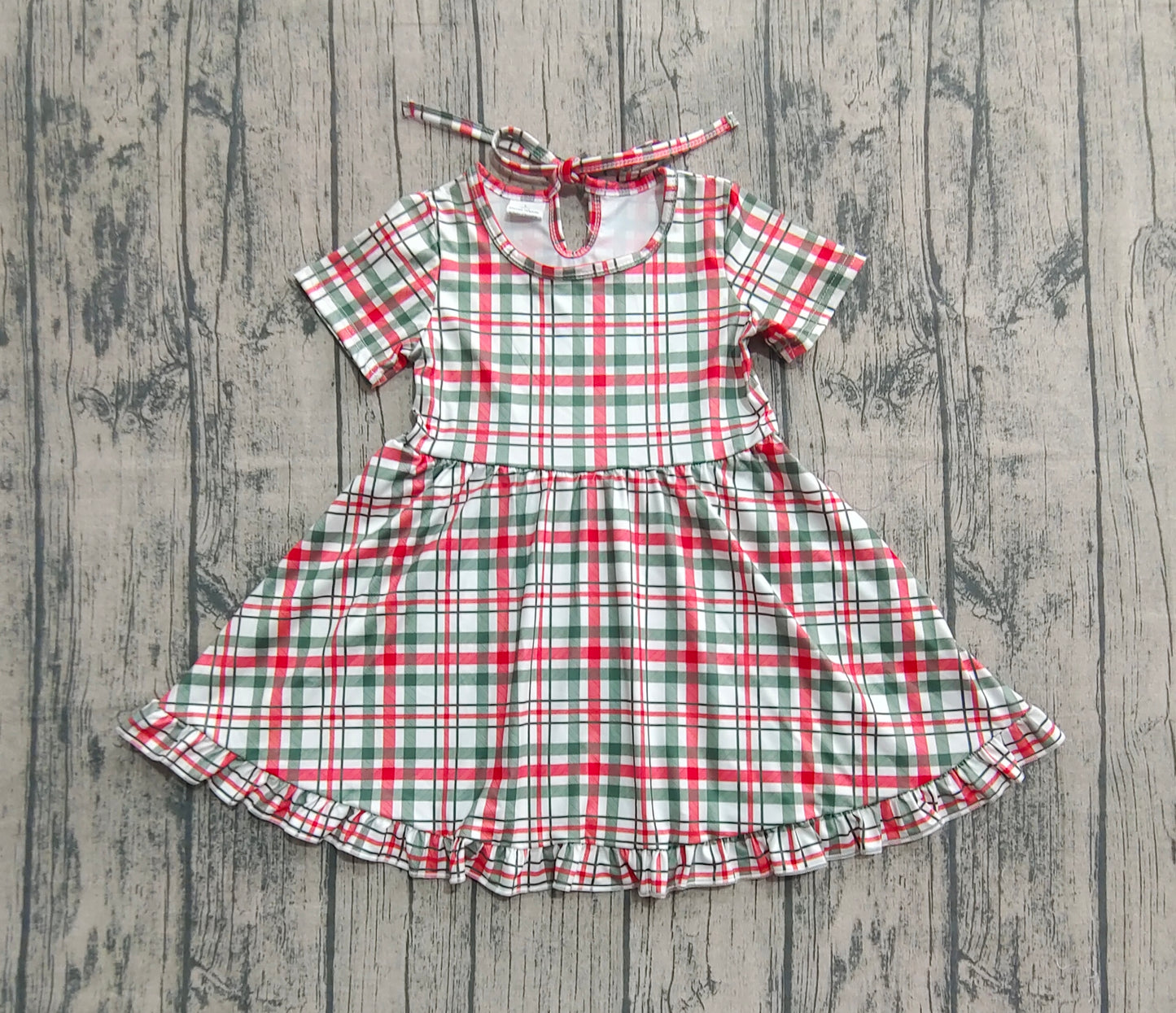 GSD2613 Baby Girls Short Sleeves Red Green Plaid Ruffle Knee Length Dresses D 828