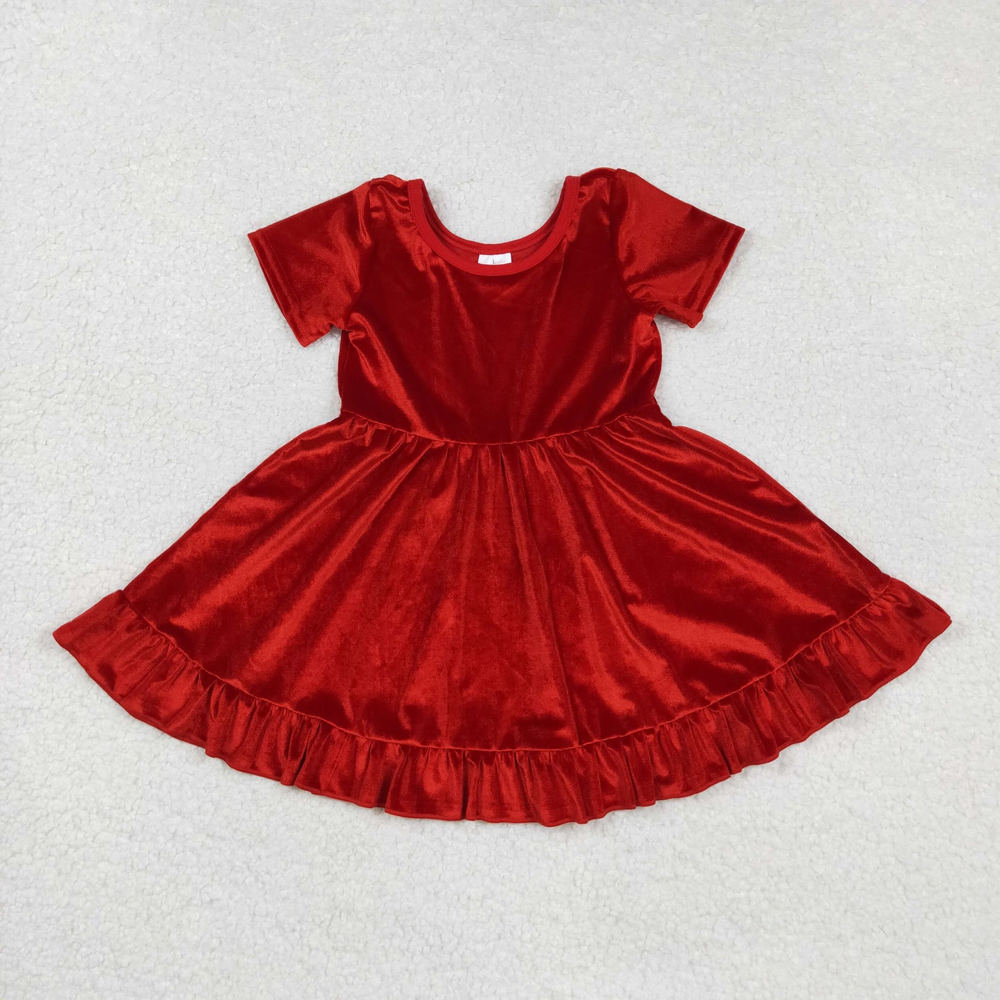 GSD2614 Baby Girls Short Sleeves Red Velvet Ruffle Knee Length Dresses D 829