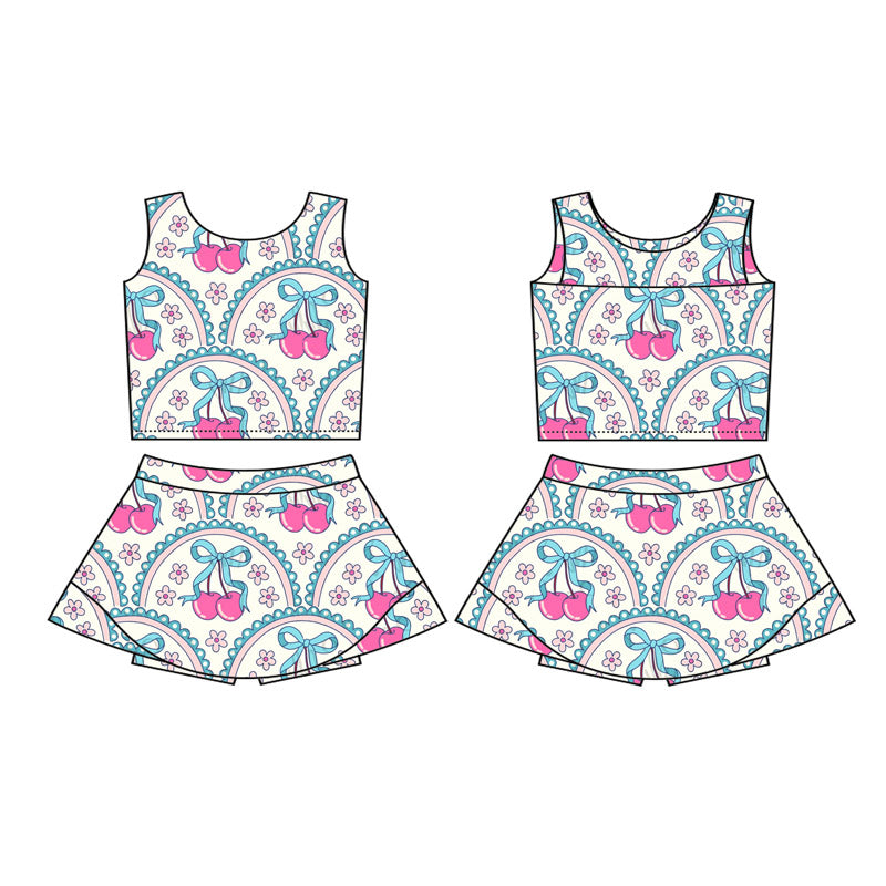 presale GSD2623 Baby Girls Sleeveless Flowers Bows Cherry Vest Top Short Skirts Yoga Set D 5.27