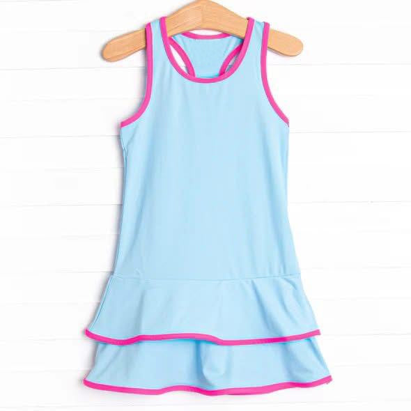 GSD2631 Baby Girls Blue Sleeveless Ruffle Yoga Knee Length Dresses D 7.1