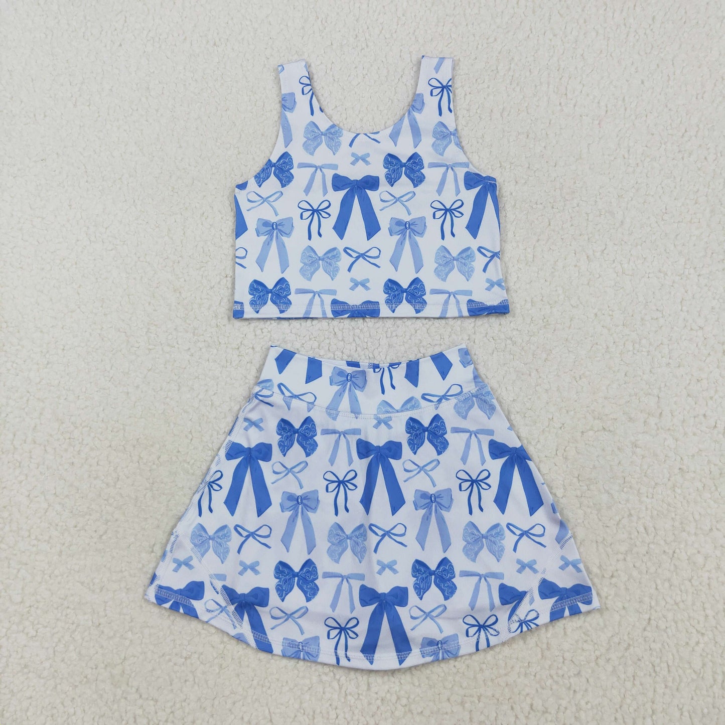 GSD2640 Baby Girls Sleeveless Blue Bows Plaid Vest Top Short Skirts Yoga Set D 7.14