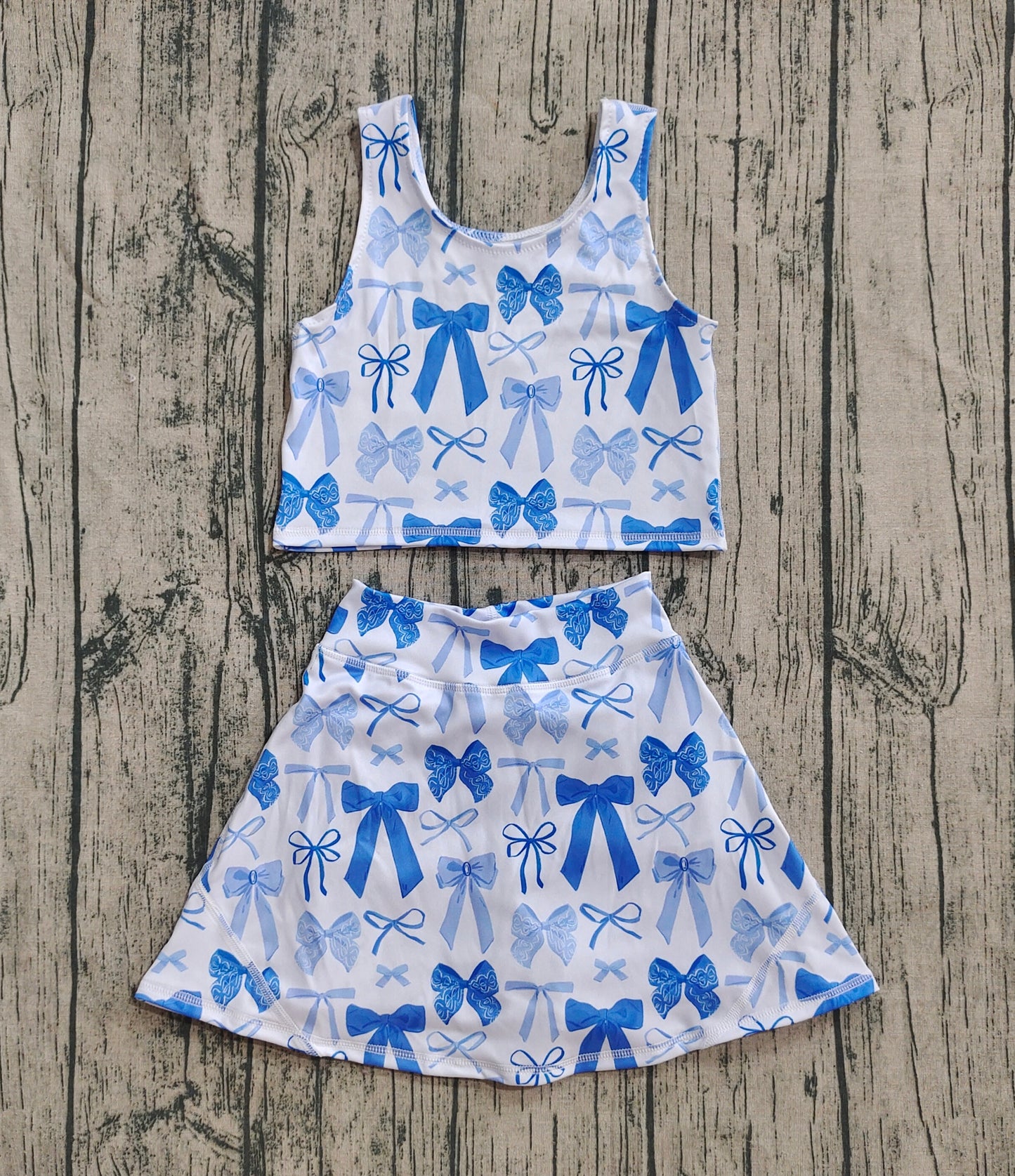 GSD2640 Baby Girls Sleeveless Blue Bows Plaid Vest Top Short Skirts Yoga Set D 7.14