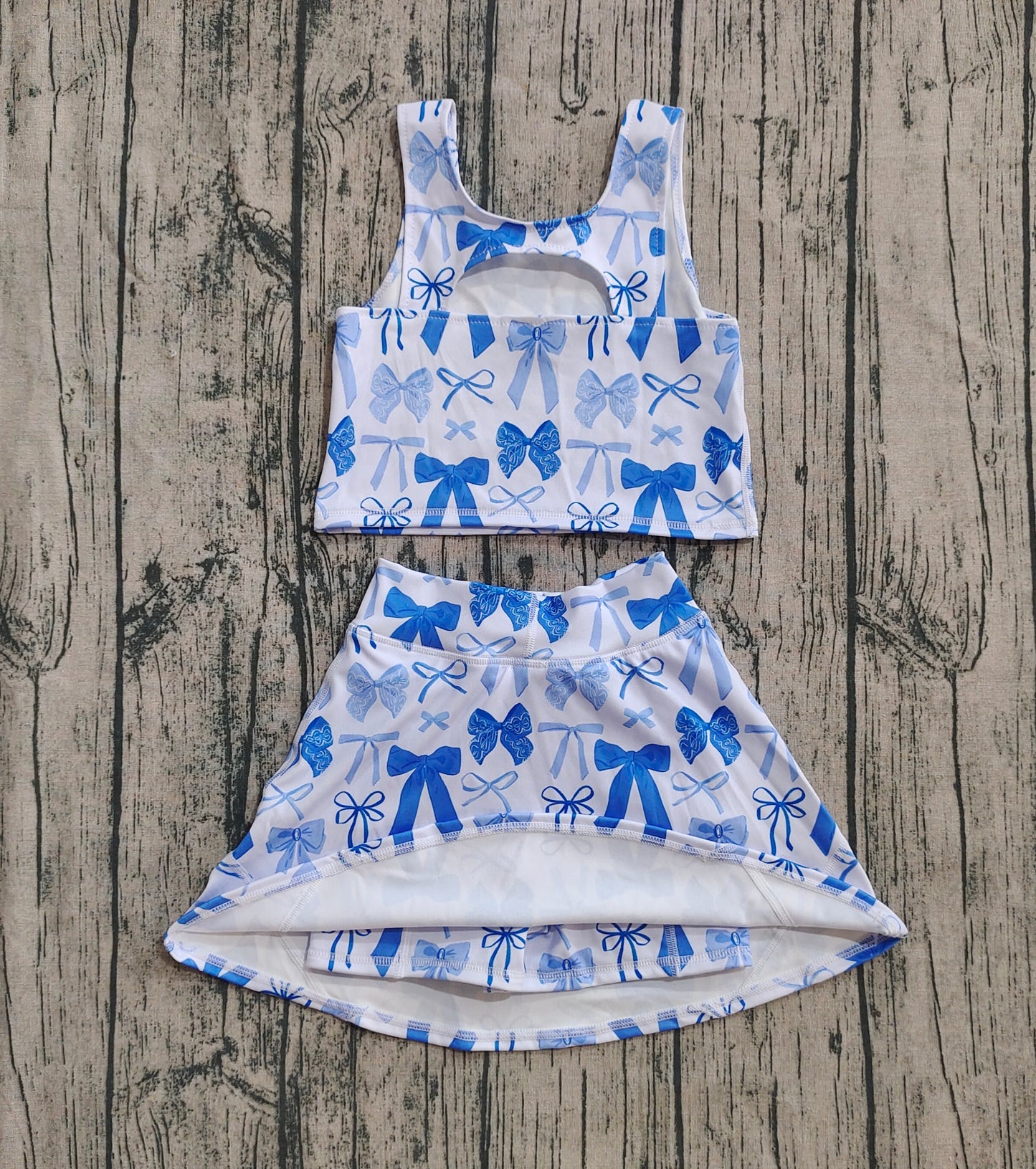 GSD2640 Baby Girls Sleeveless Blue Bows Plaid Vest Top Short Skirts Yoga Set D 7.14