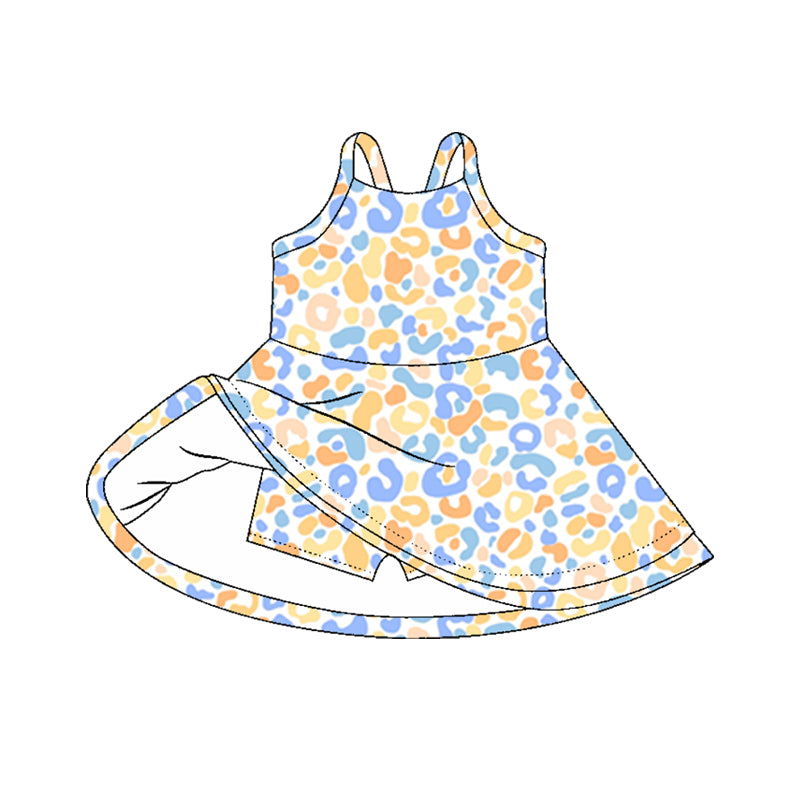 presale GSD2646 Baby Girls Strap Yellow Blue Leopard Shorts Knee Length Dresses D 5.30