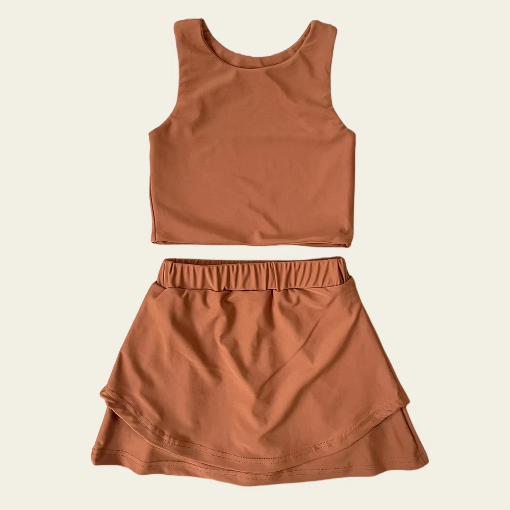 presale GSD2665 Baby Girls Sleeveless Brown Vest Top Short Skirts Yoga Set D 6.2