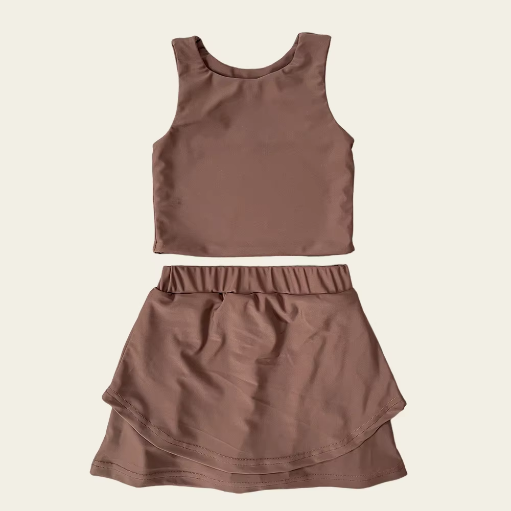 presale GSD2666 Baby Girls Sleeveless Dark Brown Vest Top Short Skirts Yoga Set D 6.2