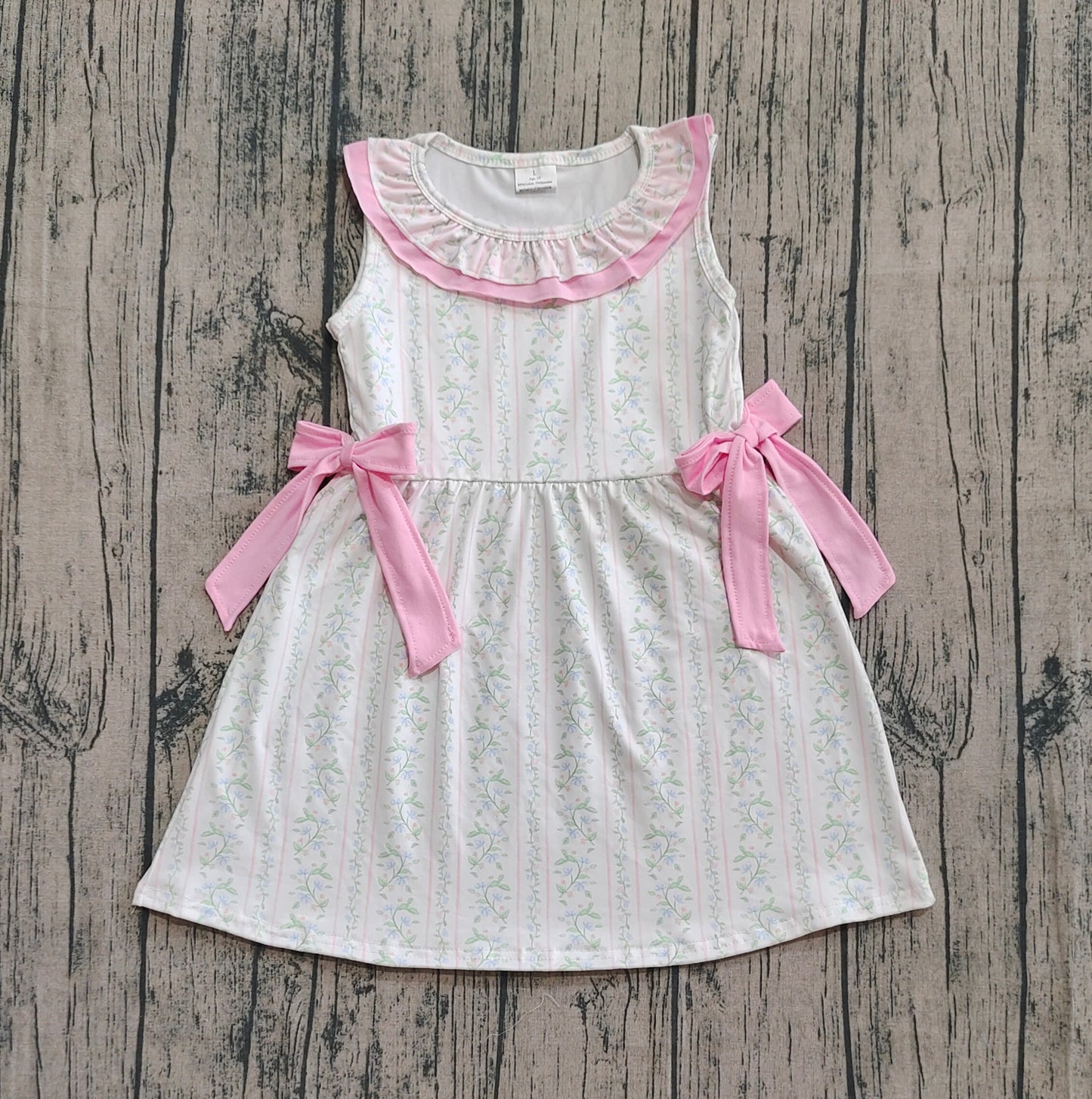 GSD2678 Baby Girls Sleeveless Pink Floral Stripe Bows Knee Length Dresses D 8.11