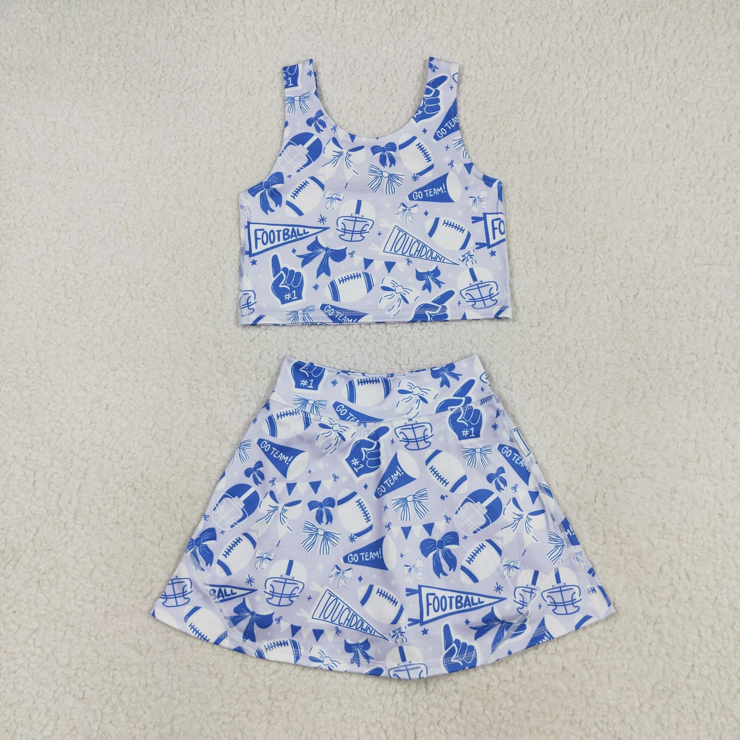 Sibling Baby Girls Blue Bows Footballs Team Shorts Yoga Clothes Set Knee Length Dresses D 908