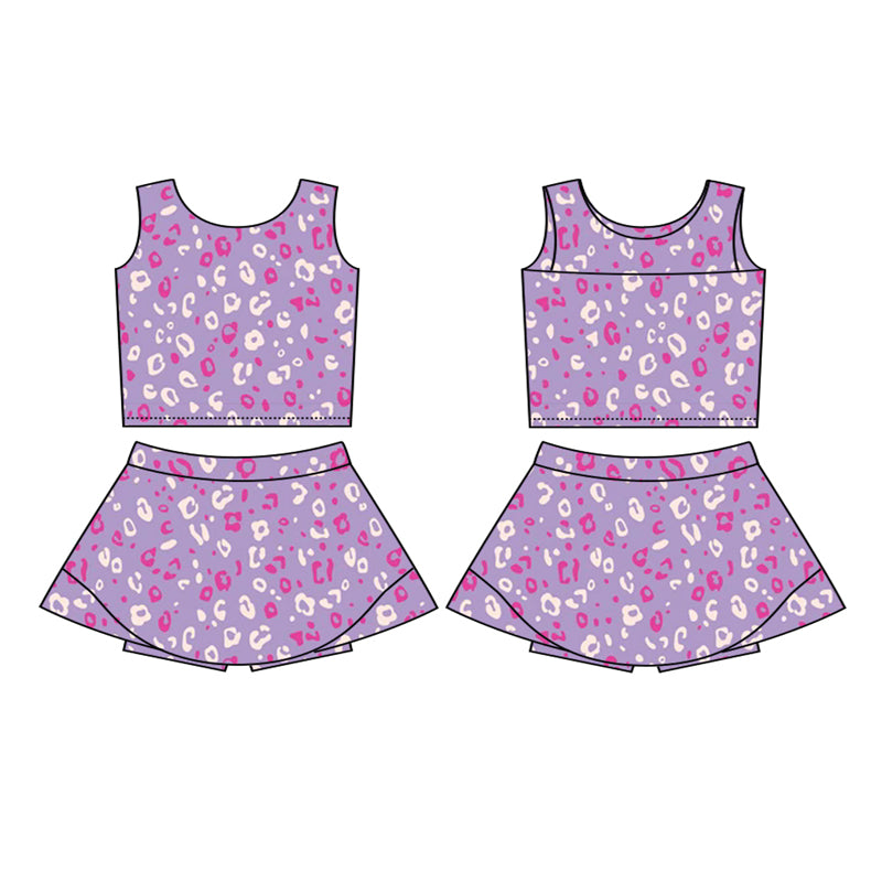 presale GSD2702 Baby Girls Sleeveless Purple Leopard Vest Top Skorts Yoga Active Set D 6.11