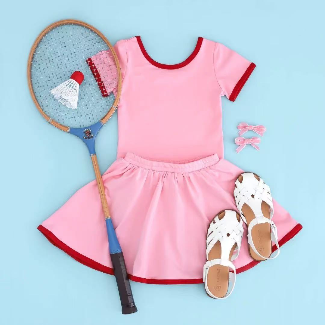 presale GSD2707 Solid Pink Short Sleeve Skirt Yoga Set D 6.16