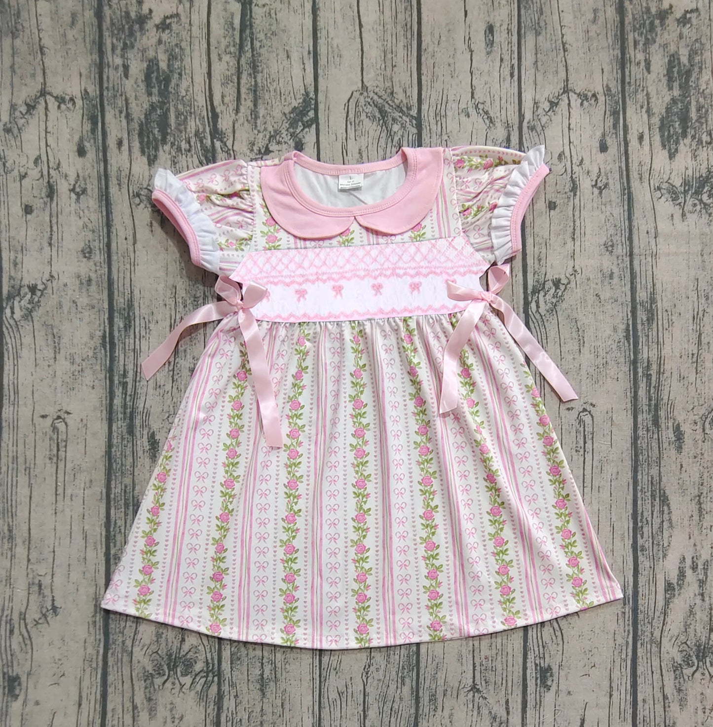 GSD2717 Smocked Embroidery Baby Girls Pink Short Ruffle Sleeves Flowers Bows Stripe Knee Length Dresses D 7.4