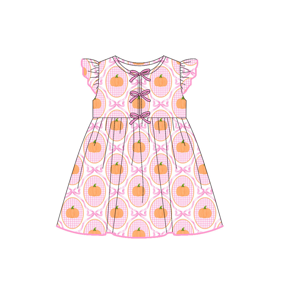 presale GSD2767 Baby Girls Pink Plaid Flutter Sleeves Bows Pumpkins Knee Length Dresses D 7.16