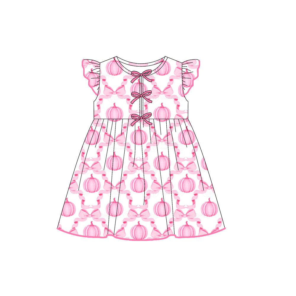 presale GSD2768 Baby Girls Flutter Sleeves Pink Bows Pumpkins Plaid Knee Length Dresses D 7.16