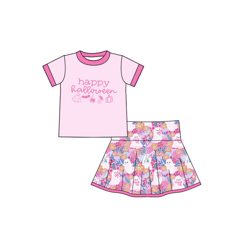 presale GSD2773 Baby Girls Pink Short Sleeves Happy Halloween Top Ghosts Plaid Skirts Set D 7.16